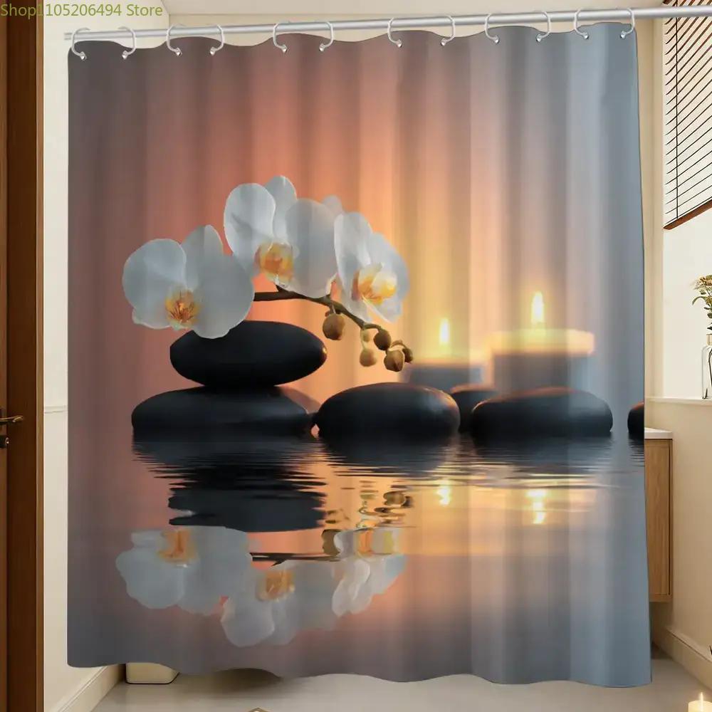 Home Bathroom Design Ideas - ستارة حمام بتصميم زهرة الأوركيد والأحجار،